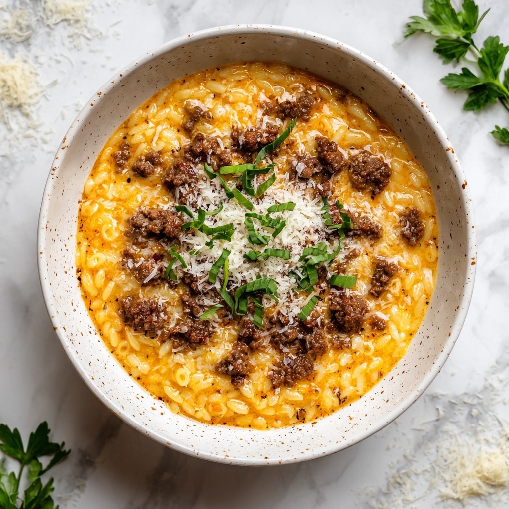 A white speckled bowl holds a creamy orange sauce mixed with small pieces of browned ground meat and short rice-shaped pasta. The sauce looks thick and smooth, covering the pasta evenly. On top, there is a sprinkle of grated cheese and small green parsley leaves scattered around for garnish. The bowl sits on a white marbled surface with bits of parsley and grated cheese around it. Photo taken with an iphone --ar 4:5 --v 7