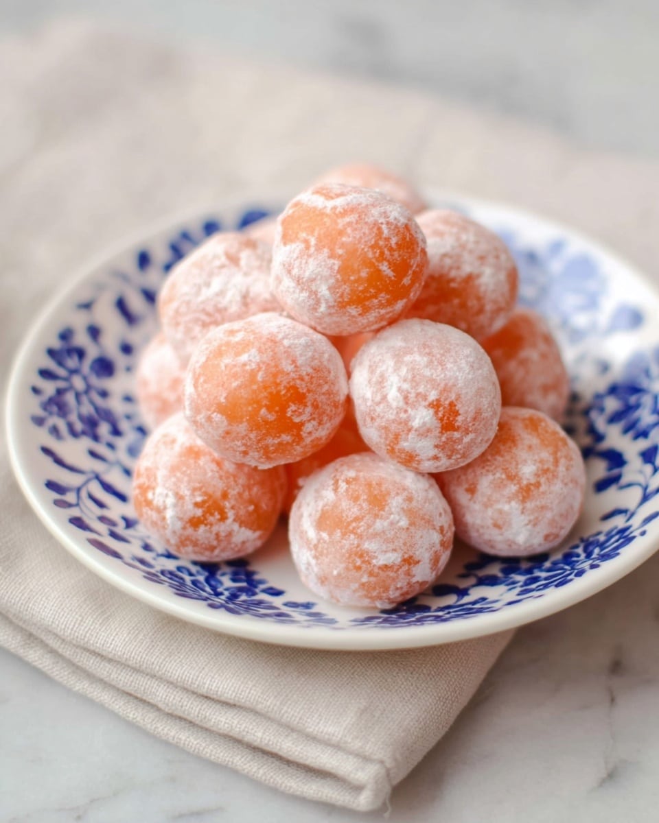 A white plate with blue floral patterns holds a small pile of round orange balls covered in a light white powder, creating a soft textured look. The balls are stacked in two visible layers, with some balls touching each other and others resting on top, giving a slightly uneven, natural arrangement. The plate sits on a folded light beige cloth, all placed on a white marbled surface. The colors are bright with a soft focus, highlighting the powdery coating on the orange spheres. Photo taken with an iphone --ar 4:5 --v 7