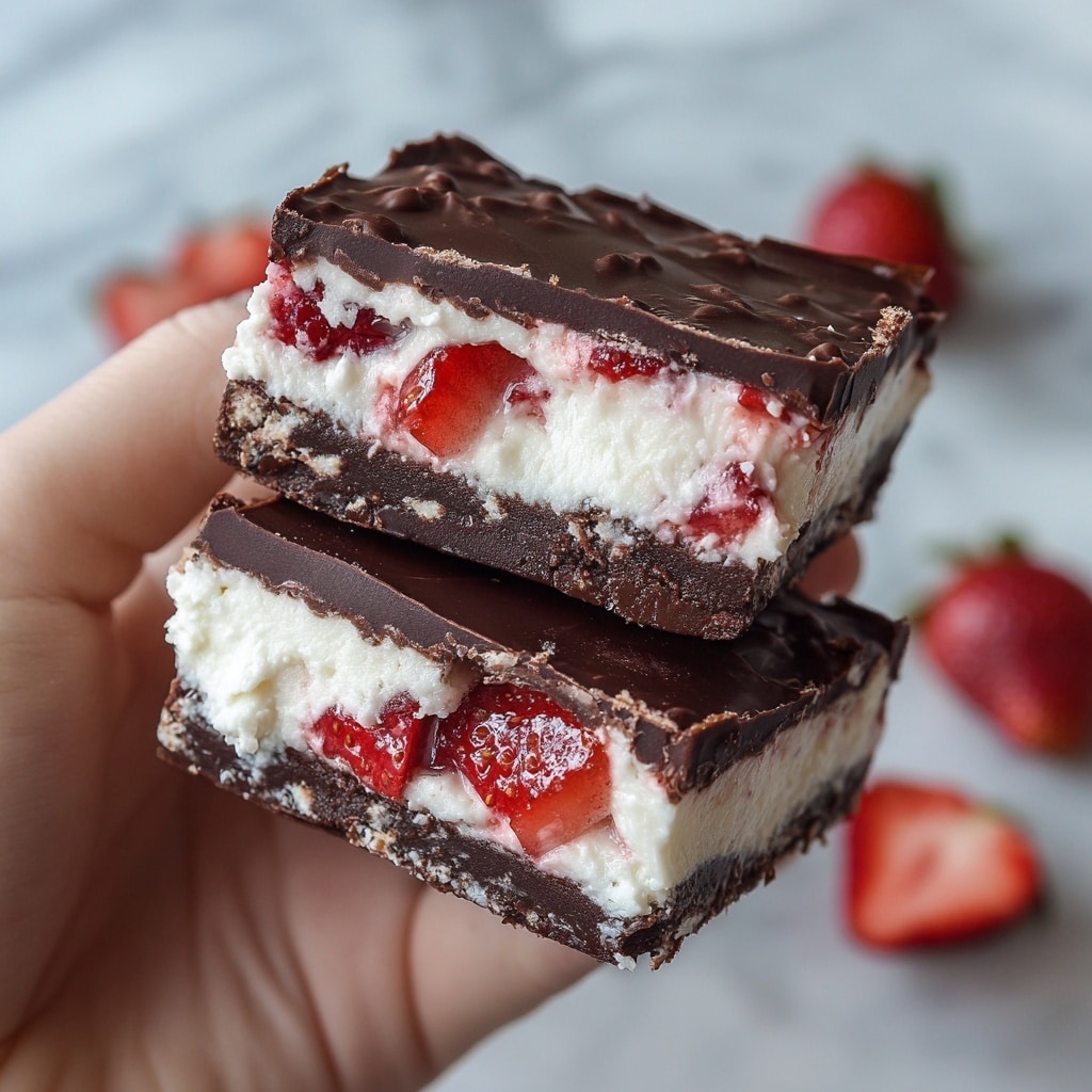 The image shows two pieces of a chocolate-covered dessert with three visible layers. The bottom layer is a smooth dark chocolate base with a shiny, slightly rough texture. In the middle, there is a thick white cream layer mixed with bright red chunks of fruit, likely strawberries, adding a soft and juicy look. The top layer is a thin, glossy dark chocolate coating with small textured bits on the edge, giving it a crunchy feel. The dessert is held by a woman's hand over a white marbled surface with some blurred pieces of red fruit in the background. Photo taken with an iphone --ar 4:5 --v 7