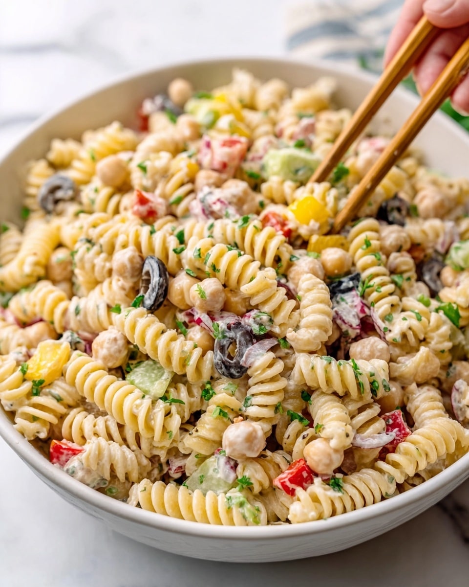 A white bowl filled with a pasta salad made of spiral rotini pasta mixed with layers of creamy dressing, chickpeas, small pieces of red bell pepper, slices of black olives, and chopped green herbs. The pasta is pale yellow, the chickpeas are light beige, and the red bell peppers add bright red spots throughout. The olives are dark and shiny, and there are small green bits scattered on top. A woman's hand is holding wooden chopsticks, picking up some pasta salad. The bowl sits on a white marbled surface. photo taken with an iphone --ar 4:5 --v 7