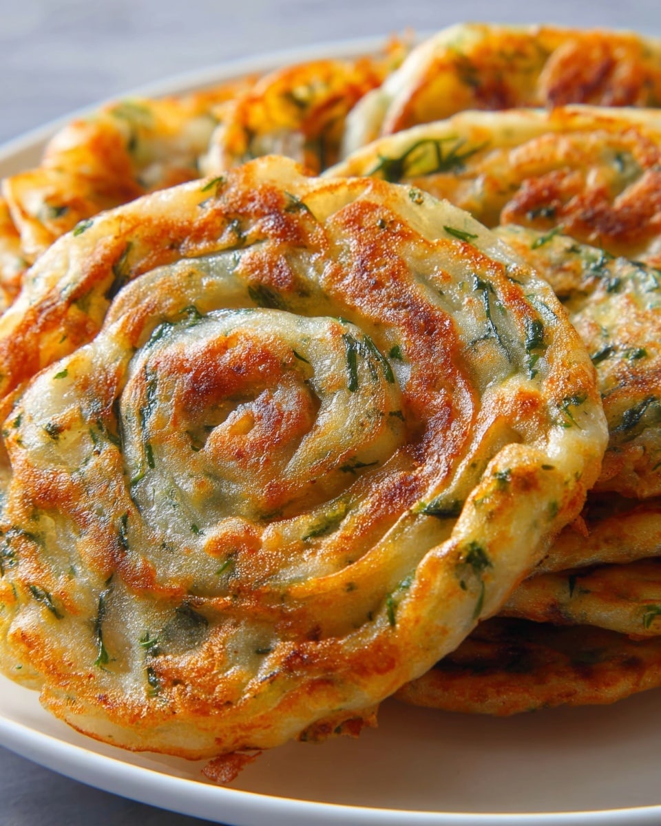 The image shows close-up round spiral-shaped savory pancakes stacked on a white plate, each with a golden-brown crispy outer layer and a soft, translucent inner dough that is swirled with green herbs evenly spread throughout the layers. The pancakes have a shiny, slightly oily surface with some darker browned spots, highlighting their crispy texture. They sit on a white marbled surface which contrasts gently with the warm tones of the pancakes. photo taken with an iphone --ar 4:5 --v 7