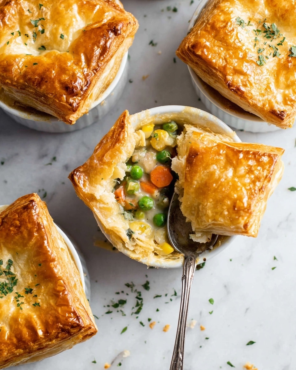 The image shows four small white ramekins each covered with a golden brown puff pastry that is flaky and slightly shiny. One ramekin in the center has part of the puff pastry lifted, revealing a colorful mix of cooked vegetables, including green peas, orange carrots, and bits of yellow and green, all in a creamy sauce. A silver spoon is inside this ramekin, scooping some of the filling with puff pastry on top. Small green chopped herbs are sprinkled over the tops of the pastries and scattered on the white marbled surface beneath. photo taken with an iphone --ar 4:5 --v 7