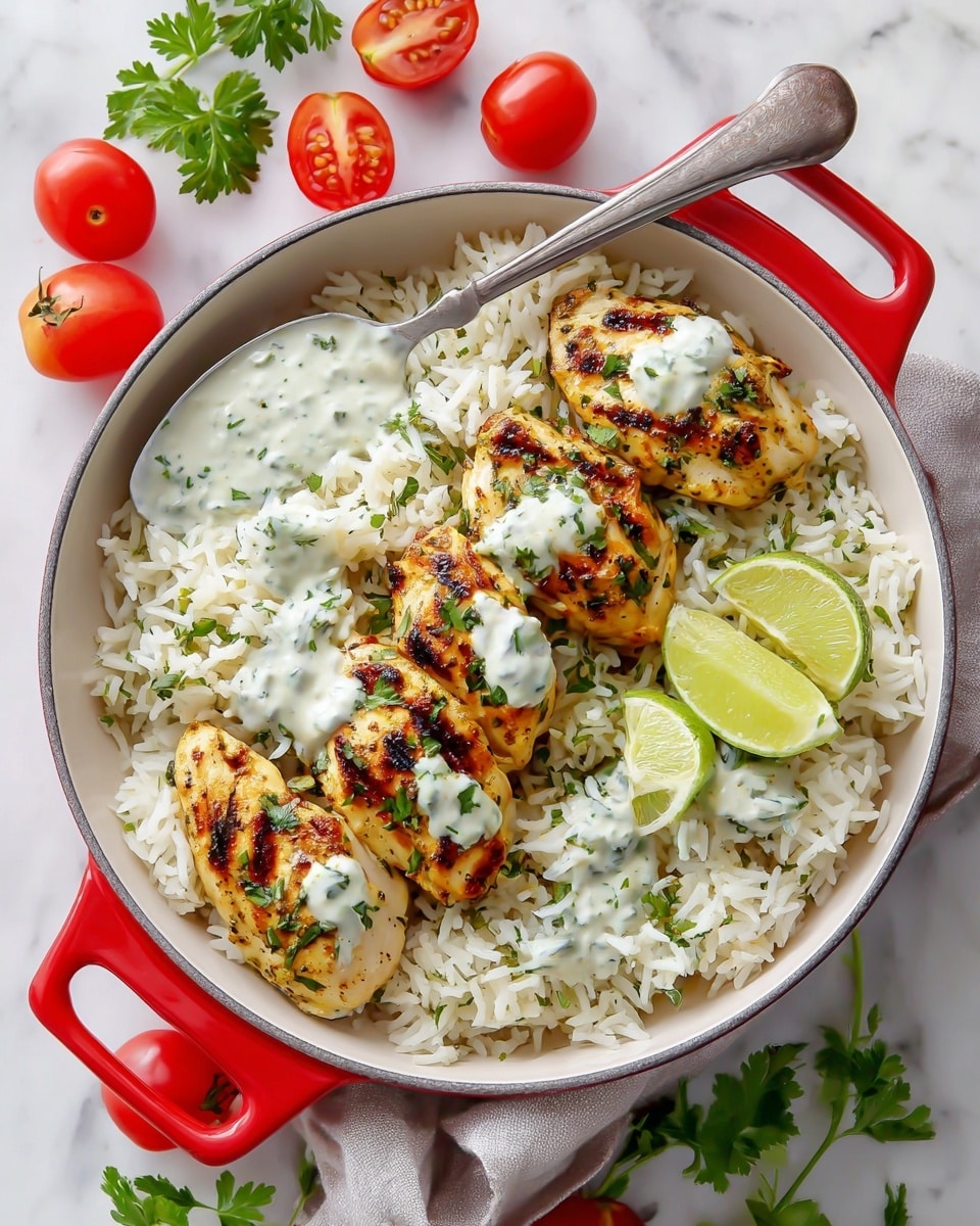 A round grey pan with red handles holds a dish with three main layers: at the bottom, there is a bed of white rice, slightly fluffy and spread evenly. On top, six pieces of grilled chicken with a golden-brown char, sprinkled with small green parsley leaves, are placed in a circular pattern. Beside the chicken, two dollops of white sauce with green herb bits are added, and two lime wedges sit on the rice near the sauce. The pan rests on a white marbled surface, scattered with fresh parsley leaves and small red tomatoes around it. photo taken with an iphone --ar 4:5 --v 7