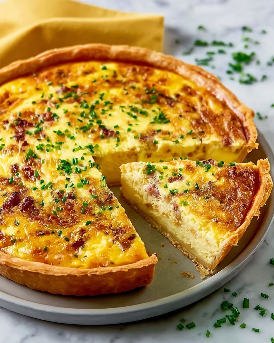 A round quiche with a golden-brown, flaky crust forms the base layer, topped with a thick, creamy yellow egg filling that is speckled with bits of browned meat throughout. The surface of the quiche is slightly browned and textured, with a sprinkling of fresh green chopped chives scattered evenly on top and a few loose chives on the white marbled surface around the quiche. A wedge has been cut and slightly separated from the whole to reveal the soft, moist interior and crust edge. The quiche sits on a simple white plate with a yellow cloth softly blurred in the background. photo taken with an iphone --ar 4:5 --v 7