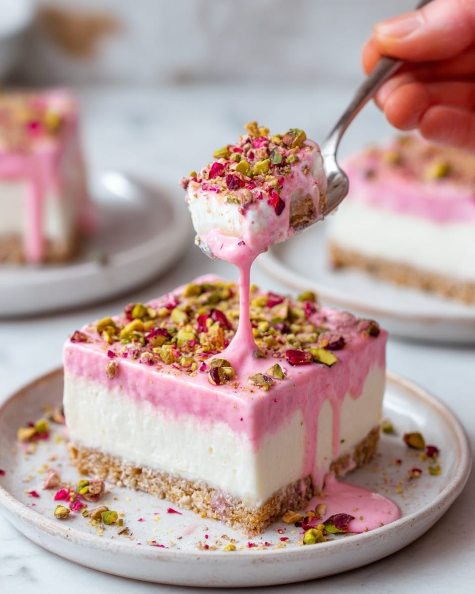 The image shows a square dessert with three layers on a white plate. The bottom layer is light brown and crumbly, likely a biscuit base. The middle layer is thick, smooth, and white, looking creamy. The top layer is pink and glossy, dripping slightly over the edges. The dessert is topped with a mix of chopped pistachios and red specks. A spoon held by a woman's hand is lifting a creamy pink and white bite from the dessert. The background is a white marbled texture with a blurred second dessert in the distance. Photo taken with an iphone --ar 4:5 --v 7