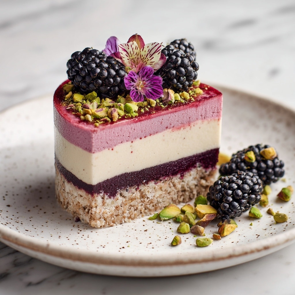 The image shows a layered dessert with five distinct layers on a white plate with a speckled pattern, set on a white marbled surface. The bottom layer is a crumbly, light brown base, topped by a thick white creamy layer with a smooth texture. Above that is a dark purple layer with a slightly rough texture, followed by a brighter pink creamy layer. The top of the dessert is decorated with fresh blackberries, chopped green pistachios, and a small pink edible flower, creating a colorful and fresh look. A woman's hand is reaching for the dessert, adding a lively touch. Photo taken with an iphone --ar 4:5 --v 7
