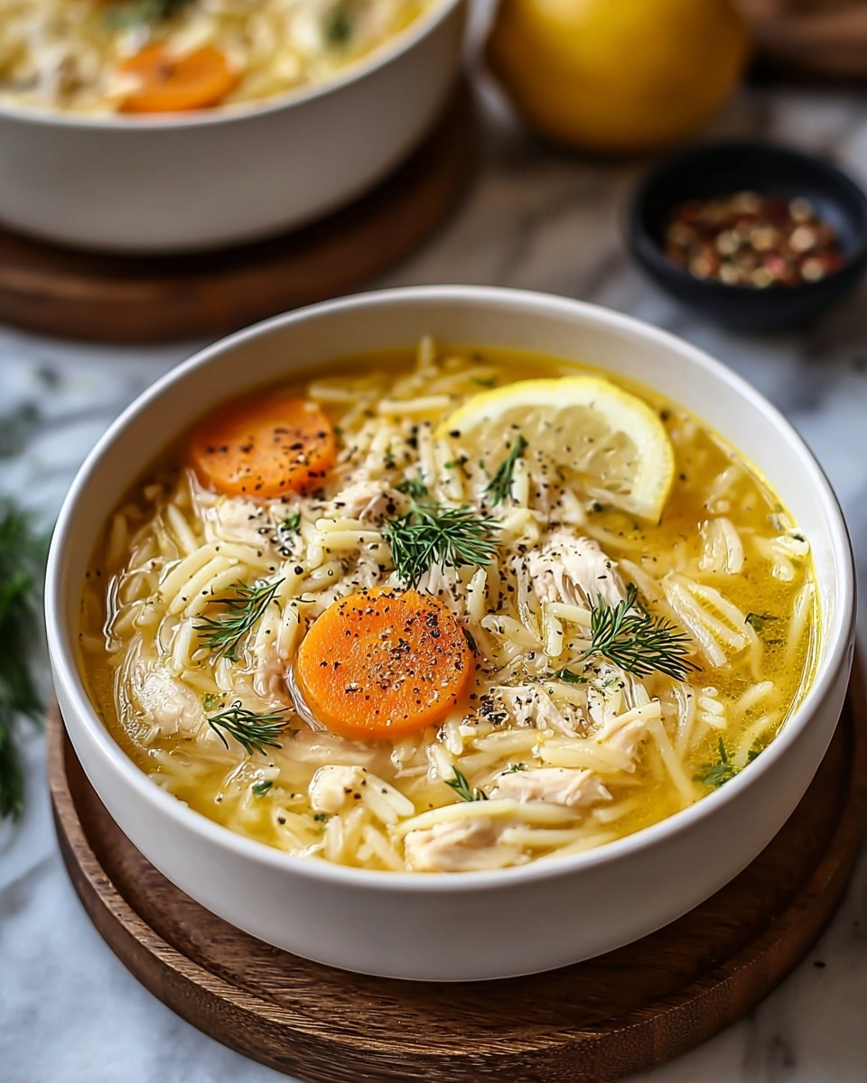 A white bowl filled with chicken noodle soup layered with yellow broth and small pieces of cooked white chicken and orzo pasta, topped with two bright orange carrot slices, a small lemon wedge, and scattered green dill sprigs, finished with a sprinkle of coarse black pepper; the bowl rests on a wooden coaster placed on a white marbled surface with a blurred background of another bowl and pepper flakes in a small black dish nearby. Photo taken with an iphone --ar 4:5 --v 7