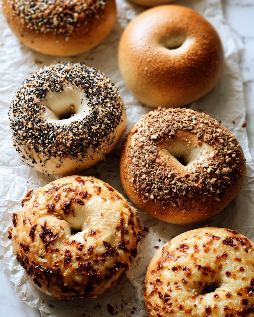 A close-up view of seven fresh bagels resting on crinkled white parchment paper on a white marbled surface, arranged in a scattered pattern with slight overlap; three bagels are topped with a mix of sesame seeds, black seeds, and coarse salt, showing a textured and crunchy layer, two bagels have melted golden-brown cheese creating a bubbly and uneven top layer, and two plain bagels have smooth, shiny, light golden-brown crusts with a slight sheen and prominent central holes, highlighting soft dough underneath. photo taken with an iphone --ar 4:5 --v 7