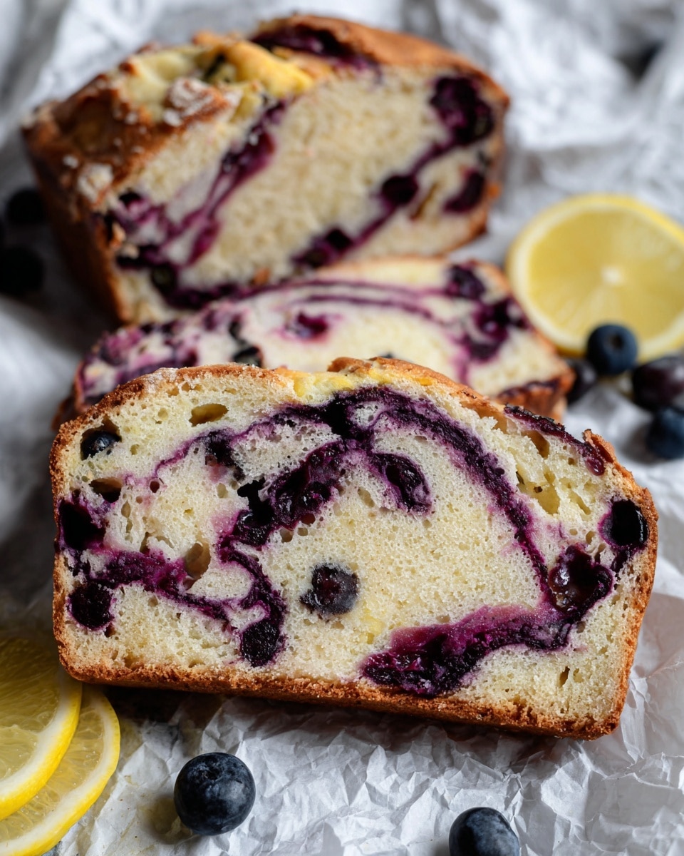 The image shows two thick slices of homemade blueberry bread with a light golden crust and soft crumb inside, visible with many air pockets. The bread has three main layers: the outer crust is brown and slightly crispy, the middle layer is pale beige with a chewy texture, and mixed throughout are irregular pockets of deep purple and dark blue blueberries, creating a swirled pattern. The slices rest on white crumpled paper, surrounded by a few fresh blueberries and thin yellow lemon slices on a white marbled surface. The photo has a close-up and natural look, showing the bread’s texture clearly. Photo taken with an iphone --ar 4:5 --v 7