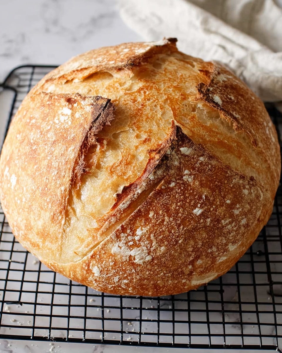 A round loaf of bread with a golden-brown crust sits on a black cooling rack, which is placed on a white marbled surface. The bread's crust is textured and has deep, artistic cuts in an X shape on the top that show a lighter, airy inside. There are small patches of white flour sprinkled on the crust, adding to its rustic look. The overall color of the bread ranges from light tan to deeper golden brown edges. Photo taken with an iphone --ar 4:5 --v 7