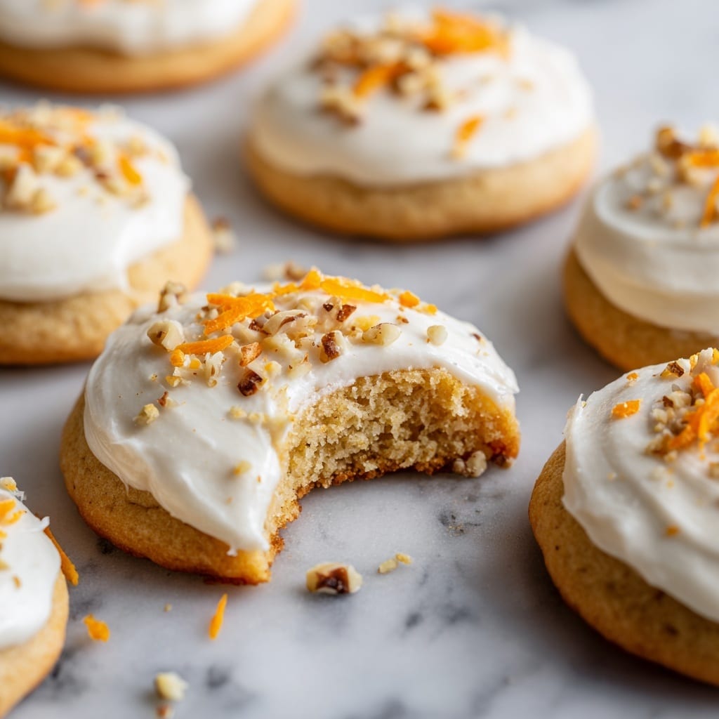 The image shows a close-up of soft, round cookies, each topped with a smooth layer of white frosting. One cookie in the center has a small bite taken out, showing a spongy, light brown inside. On top of the frosting is a sprinkle of small, chopped nuts and thin orange shreds, suggesting carrot pieces. The cookies are arranged on a white marbled surface, and the overall scene looks warm and inviting. Photo taken with an iphone --ar 4:5 --v 7
