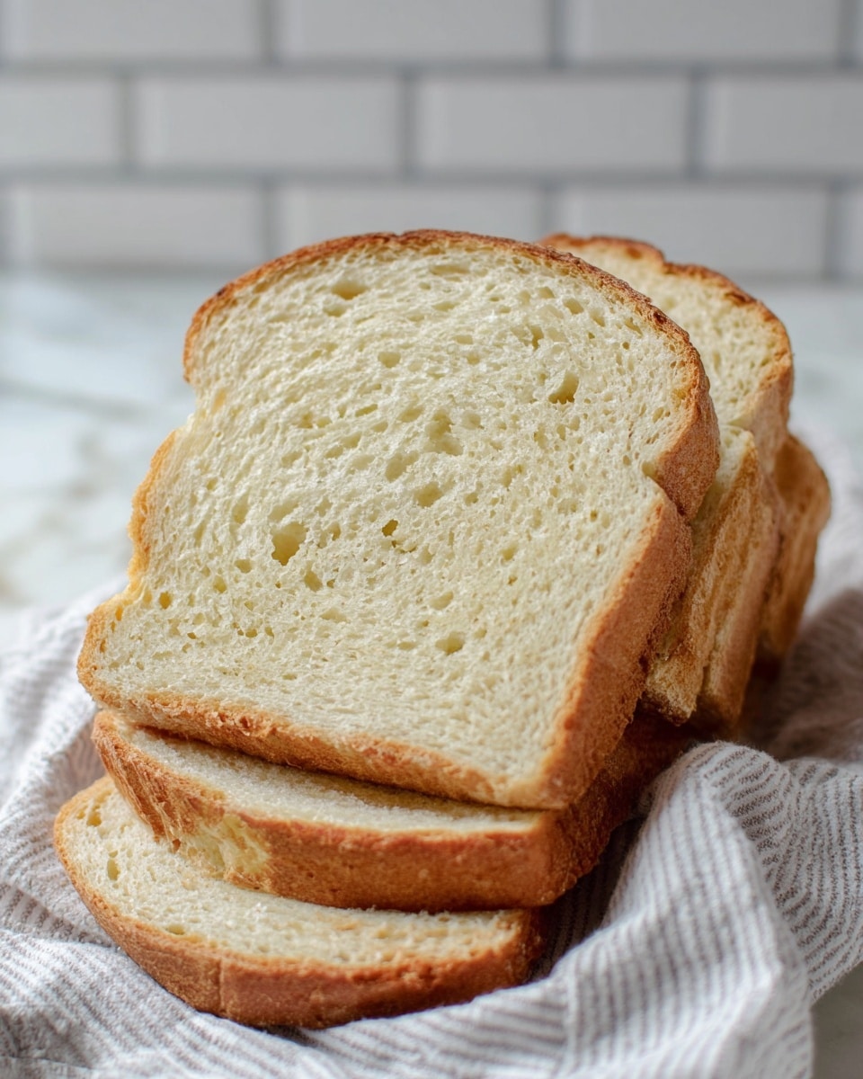 Four slices of soft white bread are stacked and leaning against each other on a white cloth with light gray stripes, which is gently crumpled. The bread has a thin, golden brown crust with a light, fluffy, slightly porous inside showing small evenly spaced holes. The slices are positioned on a white marbled surface with a blurred white brick wall in the background. photo taken with an iphone --ar 4:5 --v 7