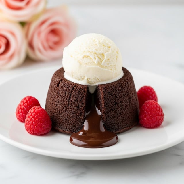 A small chocolate lava cake sits in the center of a white plate on a white marbled surface. The cake is dark brown and moist, with melted chocolate oozing out from the middle, creating a glossy pool around its base. On top of the cake, there is a single scoop of smooth, white vanilla ice cream. Around the cake, three fresh red raspberries add a splash of color. In the blurred background, soft pink roses bring a gentle touch to the scene. Photo taken with an iphone --ar 4:5 --v 7