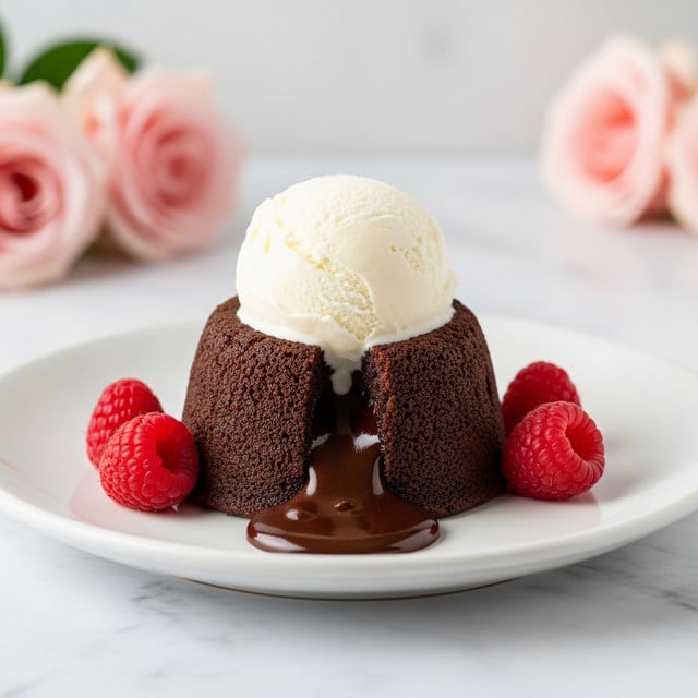A rich dark chocolate lava cake sits in the middle of a white round plate on a white marbled surface. The cake has a cracked top from which thick, glossy hot chocolate sauce flows out. On top of the cake is a smooth scoop of white vanilla ice cream. Around the cake on the plate are fresh red raspberries and a dusting of powdered sugar. In the background are soft-focus pale pink roses. Photo taken with an iphone --ar 4:5 --v 7
