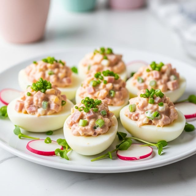 The image shows six deviled eggs arranged on a white plate with a soft rim pattern, placed on a white marbled surface. Each egg is halved with a smooth white base holding a creamy filling. The filling is light pink and white, mixed with small chunks of ham and finely chopped green onions sprinkled on top. There are small garnishes of fresh dill and thin radish slices scattered around the plate, adding green and red color pops. The eggs are close together in two rows, giving a neat and fresh look. Photo taken with an iphone --ar 4:5 --v 7
