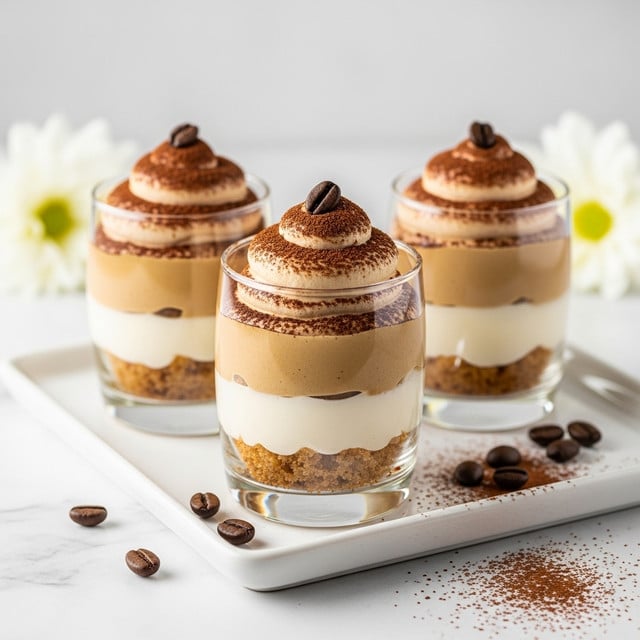 Three small glass cups of layered dessert sit on a white marbled surface, each with a white flower softly blurred in the background. Each clear glass shows four layers: a bottom layer of light brown cake crumbs, topped by a creamy white layer, followed by a thicker medium brown coffee-flavored cream layer, and finished with a swirl of darker brown cream dusted with cocoa powder and topped with one dark roasted coffee bean. A few loose coffee beans and a light dusting of cocoa powder decorate the white rectangular tray holding the cups. The lighting is soft and bright, making the colors and textures clear and inviting. Photo taken with an iphone --ar 4:5 --v 7