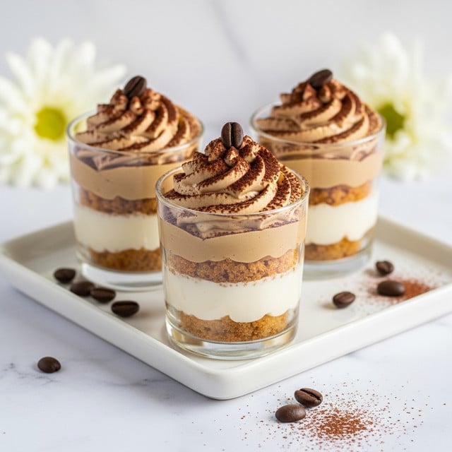 The image shows three small clear glass cups filled with layered dessert. Each cup has five layers starting from the bottom with a light cream layer, followed by a light brown crumbly layer, then a white creamy layer, a darker brown smooth layer, and topped with a swirl of creamy light brown mousse dusted with cocoa powder and a single coffee bean. The cups are arranged on a white rectangular plate with some cocoa powder sprinkled around and a few coffee beans placed beside the cups. The background is a white marbled texture with white flowers softly blurred in the distance. Photo taken with an iphone --ar 4:5 --v 7