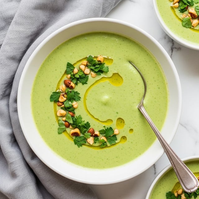 A white bowl filled with smooth, bright green soup is shown from above. The soup has a velvety texture with crushed green herbs and small nuts sprinkled on top, mostly gathered on one side near a silver spoon resting inside the bowl. There is a drizzle of golden olive oil creating irregular shapes over the surface. The bowl sits on a white marbled textured surface with a light gray cloth napkin nearby. Another similar bowl with the same green soup and toppings is partially visible in the corner. Photo taken with an iphone --ar 4:5 --v 7