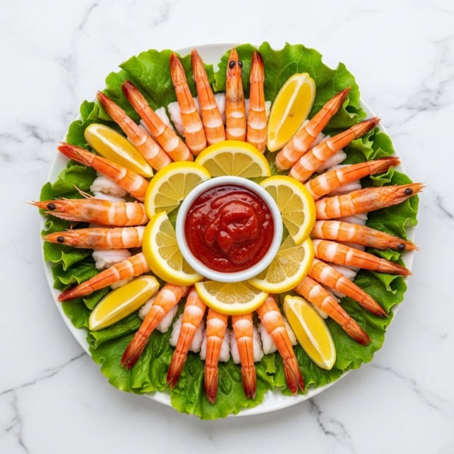 The dish shows a round white plate with a bed of green lettuce leaves covering the bottom layer. On top, there are neatly arranged pink-orange shrimp with their tails curled upwards, placed in a circular pattern around a small white bowl filled with red cocktail sauce at the center. Bright yellow lemon wedges are placed around the shrimp, adding a pop of color to the fresh, vibrant presentation. The plate is set against a white marbled textured background. Photo taken with an iphone --ar 4:5 --v 7