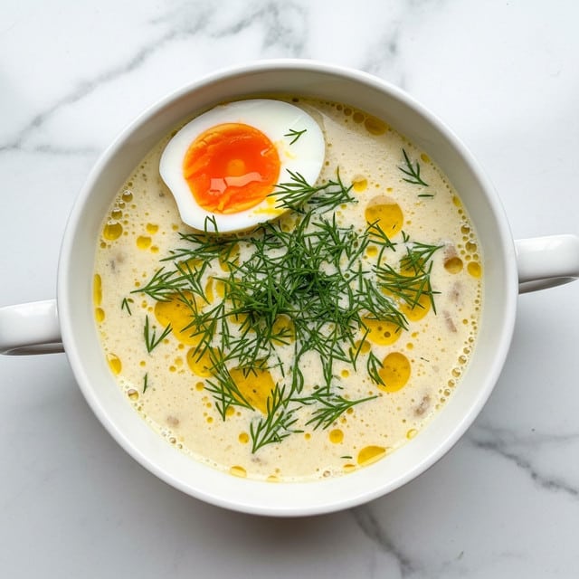 A creamy soup is served in a white bowl with two handles, placed on a white marbled surface. The soup has a light yellow creamy base with small bubbles and oil spots on top. Green herbs, mainly dill, are scattered evenly across the soup. A half of a boiled egg with a bright orange yolk and white edges rests partially submerged near the top edge of the bowl. photo taken with an iphone --ar 4:5 --v 7