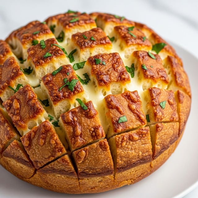 A round bread with a golden-brown crust is placed on a white plate on a white marbled surface. The bread is cut into small square pieces that are pulled slightly apart, showing a melted, gooey layer of white cheese inside each piece. The top of the bread is sprinkled with finely chopped green herbs, adding a fresh touch. The cheese has browned spots where it melted, giving a crispy texture to the top layer. photo taken with an iphone --ar 4:5 --v 7