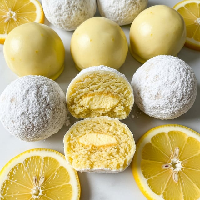 The image shows round lemon-flavored balls arranged on a white marbled surface, with some pieces covered in smooth yellow glaze and others dusted with white powdered sugar. One lemon ball is bitten in half, revealing a soft, creamy, pale yellow inside with a textured center. Surrounding the lemon balls are thin, bright yellow lemon slices with visible segments and white rinds, adding a fresh and vibrant look. The whole scene is bright, with a clean and fresh feel, featuring a mix of smooth, powdery, and juicy textures. photo taken with an iphone --ar 4:5 --v 7
