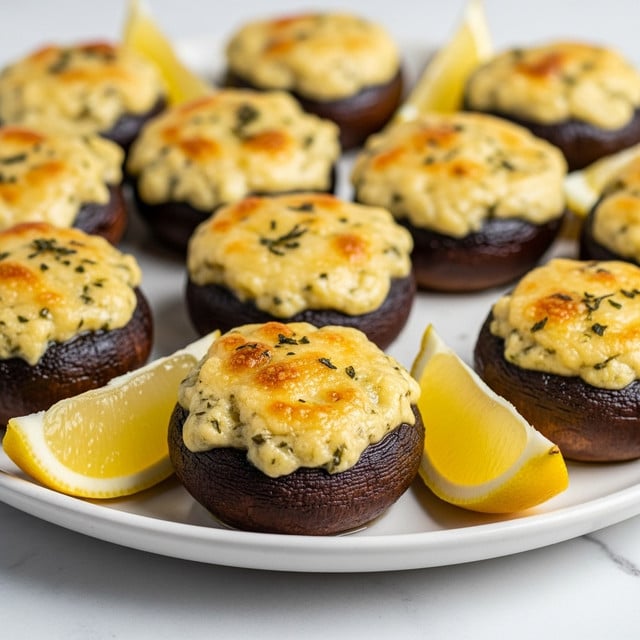 The image shows a white plate on a white marbled surface filled with baked mushrooms. Each mushroom cap is dark brown and glossy, filled with a creamy, pale yellow topping that has a golden brown crust from baking. The creamy layer is slightly textured with melted cheese and herbs sprinkled on top, giving small green flecks and bits of brown. There are wedge-shaped lemon slices placed around the plate, adding a bright yellow color contrast. The focus is on the mushrooms in the front, while the others fade softly in the background. Photo taken with an iphone --ar 4:5 --v 7
