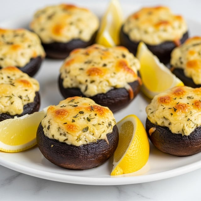 The image shows a white plate filled with small stuffed mushrooms arranged closely together. Each mushroom has a dark brown cap and is filled with a creamy mixture that is golden brown on top, indicating it is baked. The filling has a slightly bubbly texture and is sprinkled with finely chopped green herbs. A few small lemon wedges are placed around the mushrooms on the plate. The background is a white marbled texture. Photo taken with an iphone --ar 4:5 --v 7