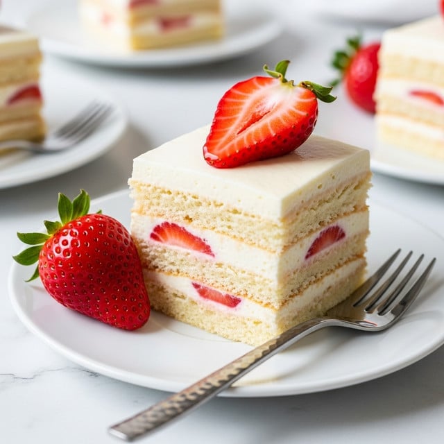 A square slice of layered dessert sits on a white plate with a silver fork beside it. The dessert has three layers of light beige sponge cake separated by creamy, pale yellow custard mixed with pieces of red strawberries. On top, a thick layer of the same custard covers the cake, crowned with half a bright red strawberry. Another whole strawberry sits next to the slice on the plate. The background shows another plate with a similar dessert and a blurred jar, all set on a white marbled surface. Photo taken with an iphone --ar 4:5 --v 7
