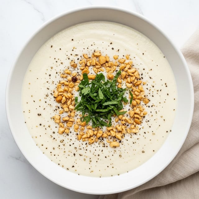 A white bowl filled with a creamy white soup that has a smooth texture as the base layer. On top, there are small pieces of chopped green herbs scattered mostly in the center, along with crushed light brown nuts spread evenly. There are tiny specks of black pepper sprinkled across the surface. The bowl is placed on a white marbled textured surface with a beige cloth slightly visible next to it. Photo taken with an iphone --ar 4:5 --v 7
