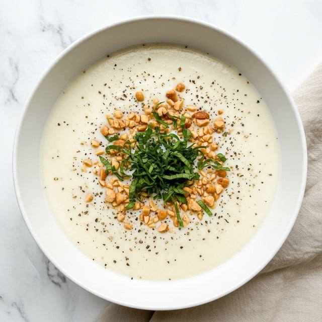 A close-up view of a creamy white soup served in a white bowl, with a smooth texture covering the whole surface. On top, there is a loose, irregular line of chopped green herbs and small pieces of light brown nuts scattered unevenly. The soup is lightly sprinkled with crushed black pepper, adding a textured contrast to the smooth cream base. The bowl sits on a white marbled surface with a folded beige cloth partially visible at the edge. photo taken with an iphone --ar 4:5 --v 7