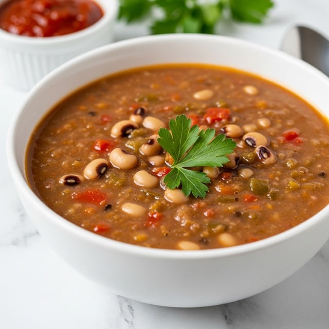 A white bowl filled with a thick soup made of black-eyed peas and small pieces of red and green vegetables. The soup has a warm brown color with black spots from the beans. On top, there is a fresh green parsley leaf adding a fresh touch. In the background, there is a small white bowl with red sauce and some green leaves. The whole scene is set on a white marbled surface. photo taken with an iphone --ar 4:5 --v 7