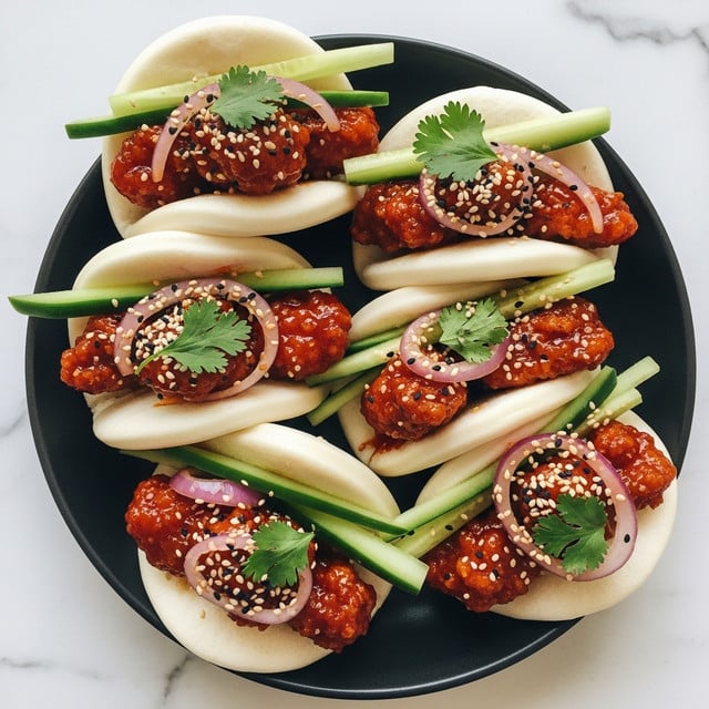 A close-up view of three white steamed buns, each filled with a single large piece of crispy fried chicken coated in a shiny red sauce. On top of the chicken, there are thin slices of purple onion, small chunks of green cucumber, and sprinkled white and black sesame seeds. Fresh green herbs are scattered across the chicken, adding a bright contrast. The buns look soft and fluffy, slightly open to hold the fillings, all placed on a white marbled surface. photo taken with an iphone --ar 4:5 --v 7