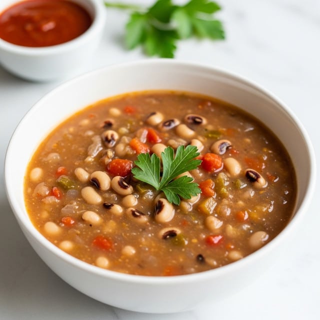 A close-up view of a white bowl filled with cooked black-eyed peas mixed with small pieces of red bell pepper, green celery, and onions, topped with a fresh green parsley leaf in the center. The beans are creamy beige with distinct black spots, and the vegetables add bright red and green pops of color. The bowl is placed on a white marbled surface, creating a clean and fresh look. photo taken with an iphone --ar 4:5 --v 7