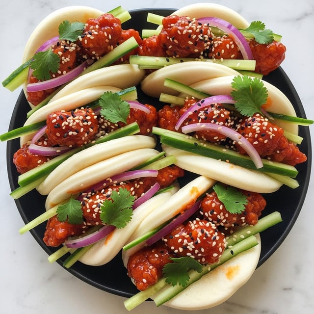 The image shows soft, fluffy white steamed buns as the base layer, each folded open and filled with bright reddish-orange glazed fried chicken pieces that look crispy. On top of the chicken, there are thin slices of pale purple onion and small green cilantro leaves scattered throughout, adding freshness. Thin sticks of light green cucumber are also placed on the chicken, giving a crisp texture. The dish is sprinkled with white and black sesame seeds for a final touch. These buns are served together in a dark bowl placed on a white marbled surface. photo taken with an iphone --ar 4:5 --v 7