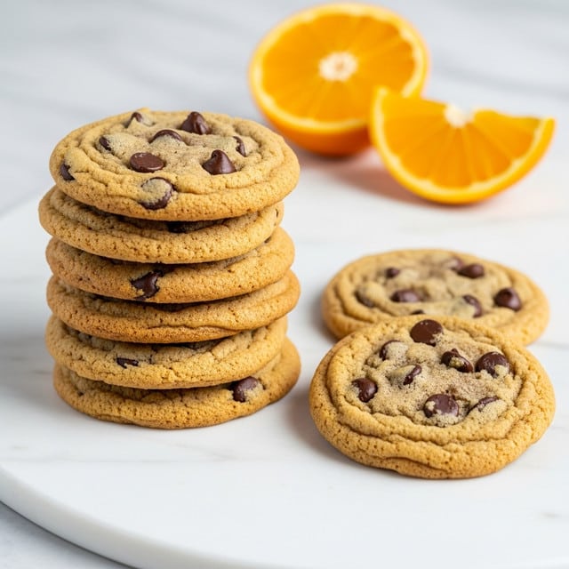 A stack of six chocolate chip cookies with a golden-brown color and visible chocolate chips is placed on a white marbled surface. Two orange slices are positioned behind the stack on the right side, along with two more cookies lying flat on the surface beside the stack. The cookies have a slightly rough texture with crisp edges. The scene is softly lit, highlighting the cookies' warm tones. Photo taken with an iphone --ar 4:5 --v 7
