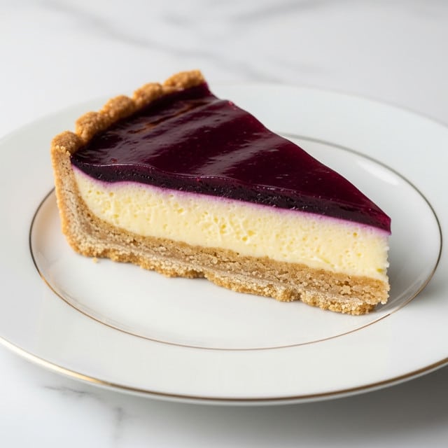 A single slice of tart is placed on a white plate with a golden rim, sitting on a white marbled surface. The tart has three visible layers: the bottom crust is a light brown, crumbly and firm base; the middle layer is a smooth, creamy yellow filling with tiny dark specks; the top layer is a glossy, deep purple jelly that covers the filling evenly and reflects light slightly. The crust edge is slightly raised and crimped along the side, framing the layers neatly. Photo taken with an iphone --ar 4:5 --v 7