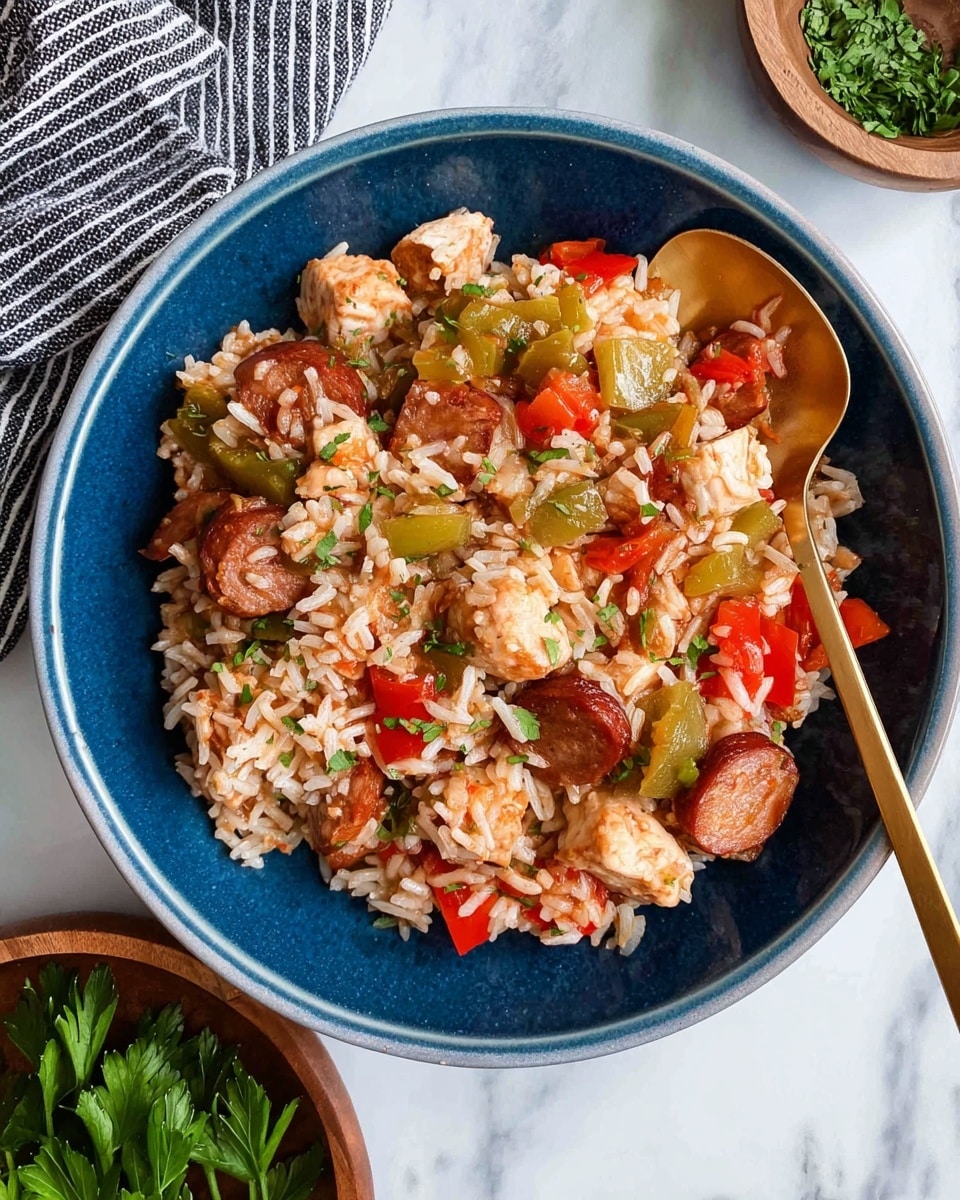 A white bowl filled with a colorful mix of cooked white rice, chunks of chicken, sliced sausage, and pieces of green and red bell peppers. The rice grains are slightly sticky and mixed evenly with the vegetables and meat, creating a textured and hearty dish. The ingredients are coated in a light reddish sauce, adding a slight shine to the mix. A gold spoon rests inside the bowl, partially covered by the food, while the bowl itself sits on a white marbled textured surface next to a striped cloth. Photo taken with an iphone --ar 4:5 --v 7