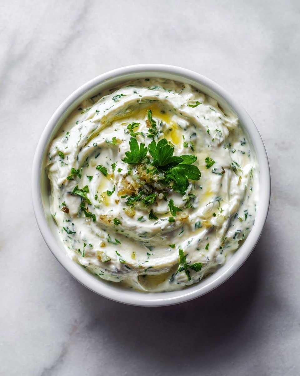 A small white bowl filled with creamy white spread that has green herb bits mixed inside, topped with a drizzle of light yellow olive oil and scattered fresh green parsley leaves along with tiny black pepper pieces on top. The creamy spread is softly swirled with a smooth texture standing out against the white marbled surface beneath the bowl. Photo taken with an iphone --ar 4:5 --v 7