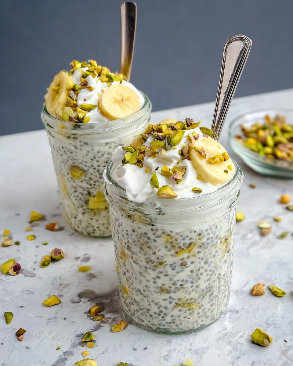 Two clear glass jars filled with creamy white chia seed pudding that has tiny black chia seeds visible throughout. Each jar is topped with a layer of banana slices and crunchy green pistachio nuts, along with a swirl of white whipped cream. Shiny silver spoons are placed inside each jar, poking out from the top. The jars are set on a dark, textured surface with scattered pistachio pieces around. In the background, there is a white marbled texture. photo taken with an iphone --ar 4:5 --v 7