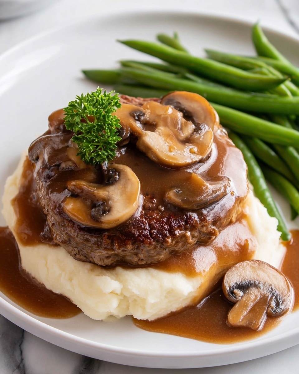 A white plate holds a layered dish starting with a smooth, creamy white mashed potato base that takes up most of the lower area; atop this sits a thick, round, browned meat patty with a slightly charred surface. Over the patty and mashed potatoes is a rich, glossy brown mushroom gravy with visible mushroom slices scattered on top. A small sprig of green parsley sits on the patty, adding a pop of color. On the plate’s edge, there is a side of vibrant green beans. The entire setting is on a white marbled surface. photo taken with an iphone --ar 4:5 --v 7