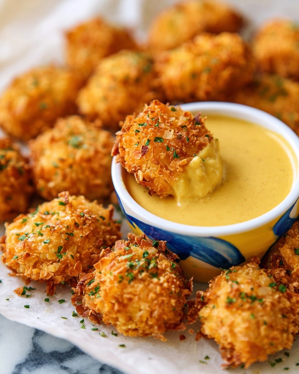 The image shows many small, golden-brown, crispy bites scattered on a white marbled surface, each piece sprinkled with green herbs. One crispy bite is partly dipped into a smooth, yellow-colored dipping sauce inside a small white bowl with a blue and yellow pattern on the outside. The texture of the crispy bites is rough and crunchy, made from small flakes, and the sauce looks creamy and thick. The background shows more crispy bites out of focus, emphasizing the front pieces. photo taken with an iphone --ar 4:5 --v 7