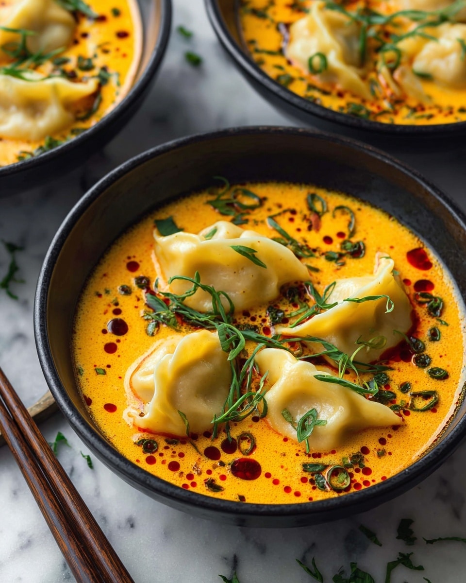 The image shows a close-up of a black bowl filled with a rich orange broth with visible oil droplets. Inside the broth, there are five pale yellow dumplings with soft, smooth surfaces and slightly folded edges. On top of the dumplings, there is a sprinkling of chopped green onions and some caramelized fried onion strands that add texture and color contrast. A pair of dark wooden chopsticks rests on the edge of the bowl, partially visible on the left. The bowl sits on a white marbled surface with scattered fresh herbs and droplets of broth around it. Photo taken with an iphone --ar 4:5 --v 7
