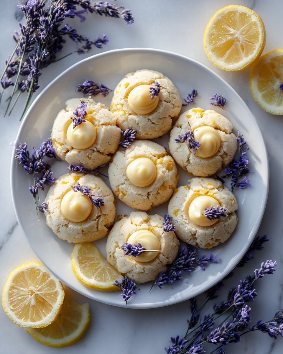 The image shows a white plate filled with round, soft lemon cookies, each with one layer. The cookies have a pale yellow, slightly cracked texture with small orange-yellow specks inside. At the center of each cookie, there is a smooth, glossy dollop of light yellow lemon glaze. On top of the glaze, a small sprig of purple lavender flower adds a delicate touch. The plate is placed on a white marbled surface, with some lemon slices and loose lavender sprigs nearby, creating a fresh and bright scene. photo taken with an iphone --ar 4:5 --v 7
