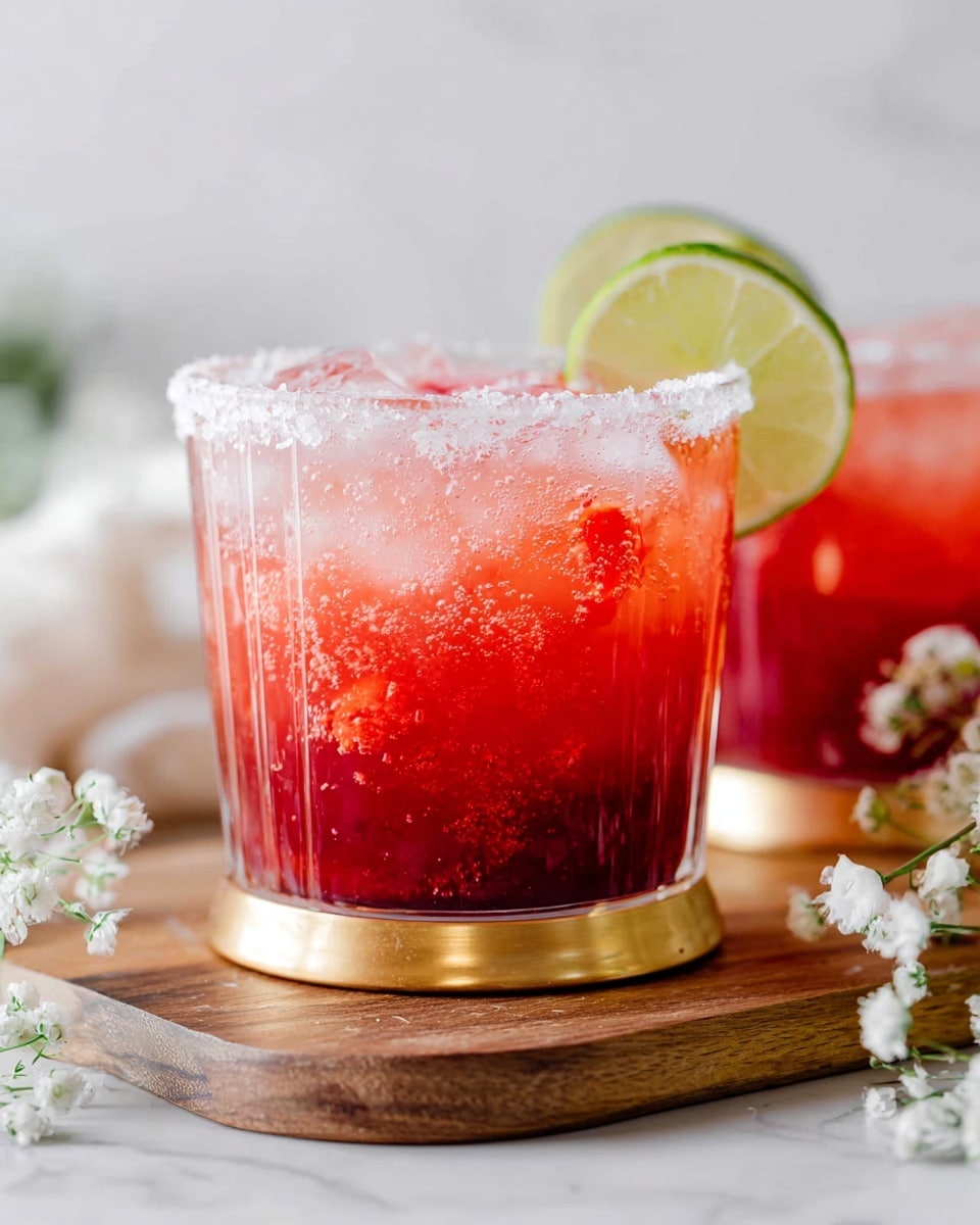The image shows two clear glass tumblers with a pattern and a gold rim base, filled with a bright red drink that has ice cubes and small red fruit chunks inside. The drinks have a layer of crushed salt on the rim and each glass is garnished with a light green lime wedge on the side. The glasses sit on a wooden board placed on a white marbled surface, with small white flowers and red strawberries scattered around. The background is plain white, giving a fresh and clean look. photo taken with an iphone --ar 4:5 --v 7
