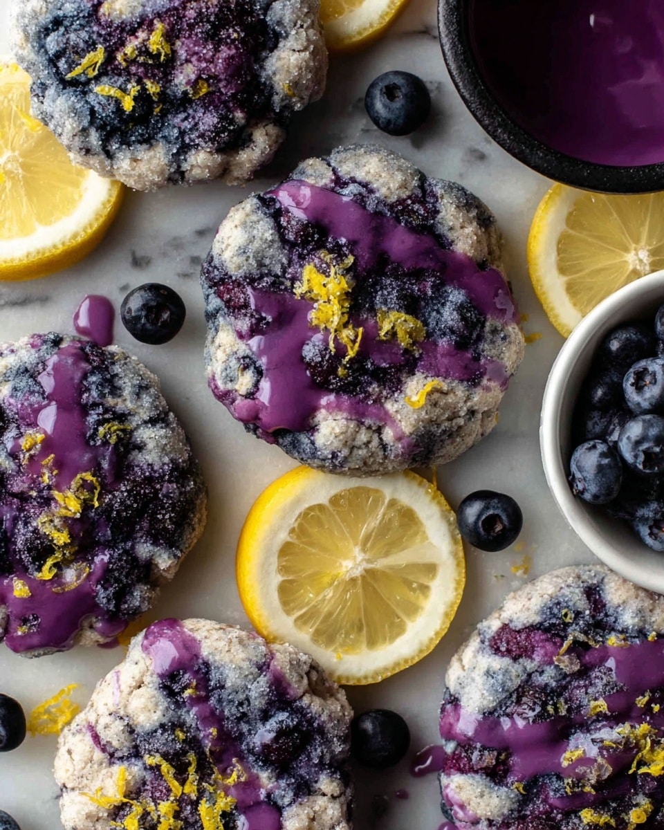 The image shows round blueberry lemon cookies with a coarse sugar coating and a drizzle of thick purple glaze on top. The cookies have a light purple base with darker blueberry spots inside, creating a textured look. Around the cookies are thin lemon slices adding bright yellow color, and some fresh blueberries are placed in a small white bowl nearby. The whole scene is set on a white marbled surface, and there is a small black bowl filled with extra purple glaze to the side. The overall look is fresh and vibrant with a mix of purple, yellow, and white colors. photo taken with an iphone --ar 4:5 --v 7