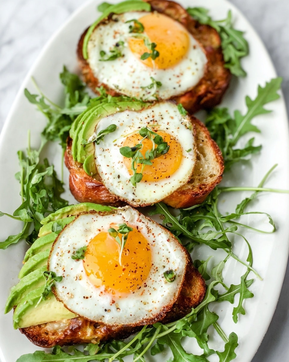 Three pieces of toasted bread form the base, each topped with a layer of fresh green avocado slices. On top of the avocado rests a sunny-side-up fried egg with bright yellow yolks and white edges, sprinkled lightly with black pepper and small green herbs. The bread sits on a bed of crisp, leafy arugula scattered across a white plate, all placed against a white marbled surface. photo taken with an iphone --ar 4:5 --v 7
