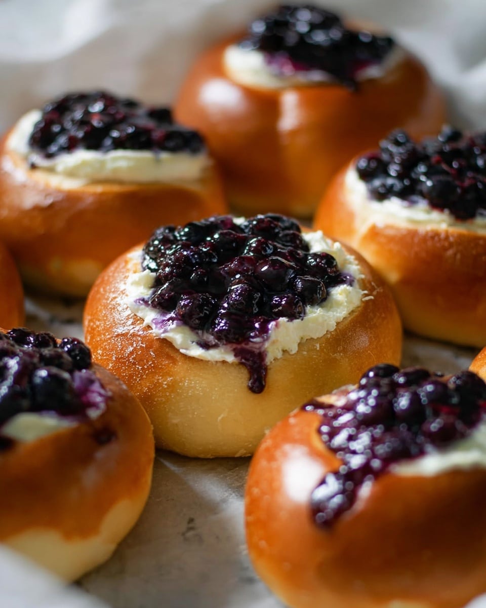 The image shows six round pastries with a shiny golden-brown crust as the bottom layer, each topped with a thick white cream layer in a circular shape near the center. On top of the cream layer, there is a layer of deep purple blueberry filling with whole blueberries embedded, some juice slightly spilling over the edges. The pastries are arranged close together on white parchment paper resting on a white marbled surface. The focus is on the pastry in the front right, showing a detailed texture of the shiny dough, smooth cream, and plump blueberries. photo taken with an iphone --ar 4:5 --v 7