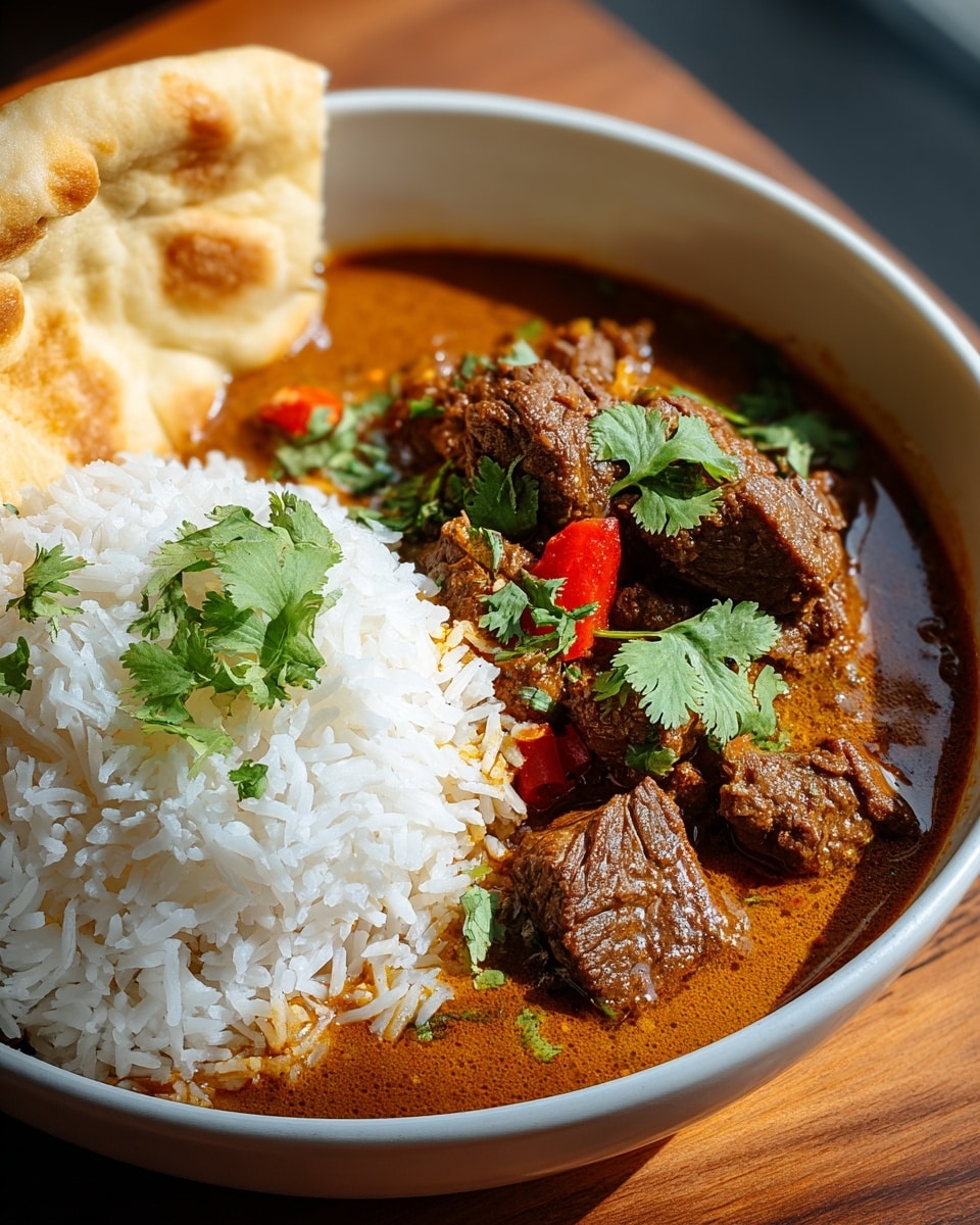 A white bowl filled with a rich, brown curry containing tender chunks of beef and small pieces of red pepper, topped with fresh green cilantro leaves scattered across the top. On one side of the bowl, there is a neat mound of fluffy white rice also garnished with cilantro, and behind this, two pieces of soft, lightly browned flatbread rest against the edge of the bowl. The bowl sits on a white marbled surface, showing a warm and inviting meal. photo taken with an iphone --ar 4:5 --v 7