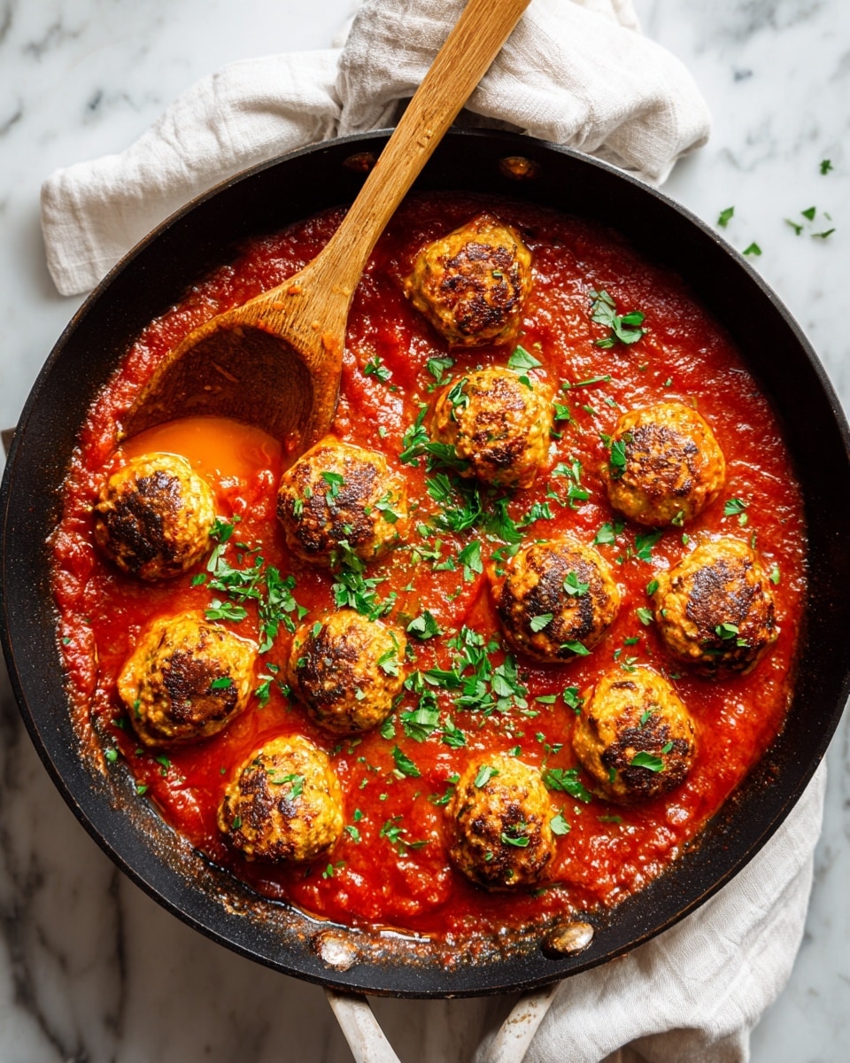 A black frying pan sits on a white marbled surface filled with thick red tomato sauce. There are twelve browned, round meatballs evenly spread in the sauce, each topped with small green parsley leaves. A wooden spoon with a long handle rests inside the pan on the left side, partially under one meatball. In the top left corner, there is a small white bowl with a light-colored powder, and a beige cloth is placed near the top right edge of the pan. The sauce looks smooth with a rich texture, and the meatballs have a crispy, golden-brown crust. photo taken with an iphone --ar 4:5 --v 7